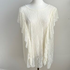 Women’s Short Sleeve Sheer Floral Lace Ruffled Whimsical Romantic Blouse‎ Top 1X